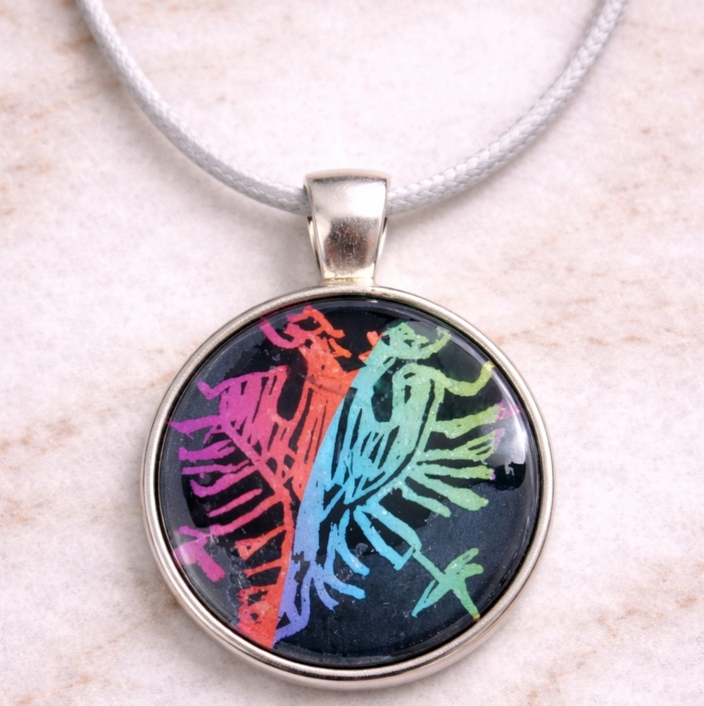 Rainbow Bird Glass Pendant Necklace Silver Tone Colorful Boho Statement